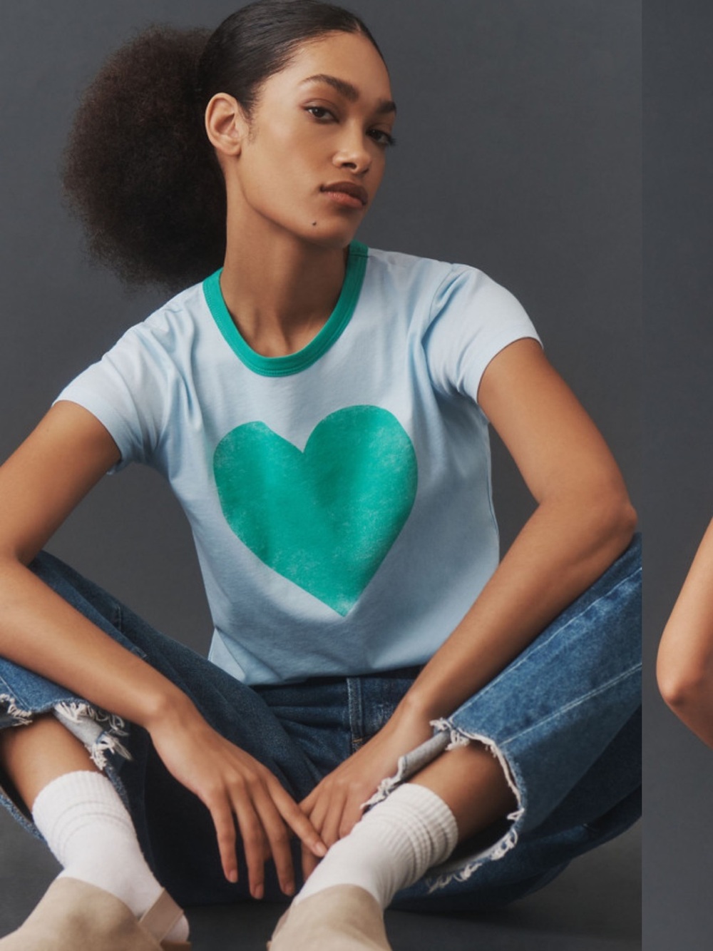 Anthropologie Light Blue Tee with Teal Heart and Trim 🩵